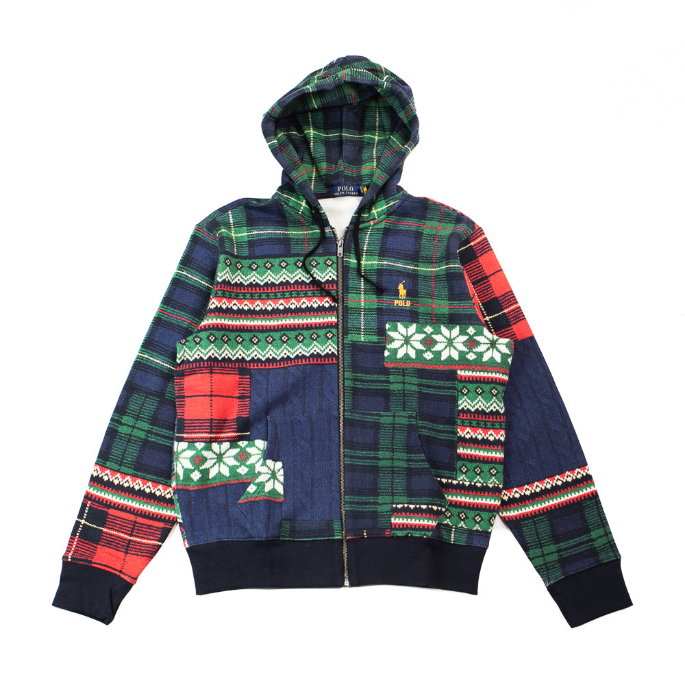 Patchwork Print Fleece Full Zip Hoodie Navy