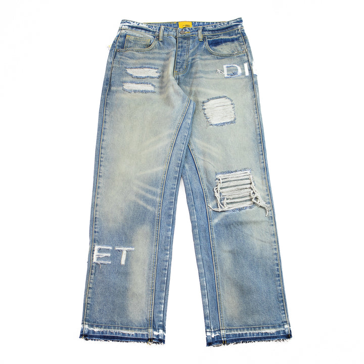 Distressed Stencil Denim (Washed Indigo)
