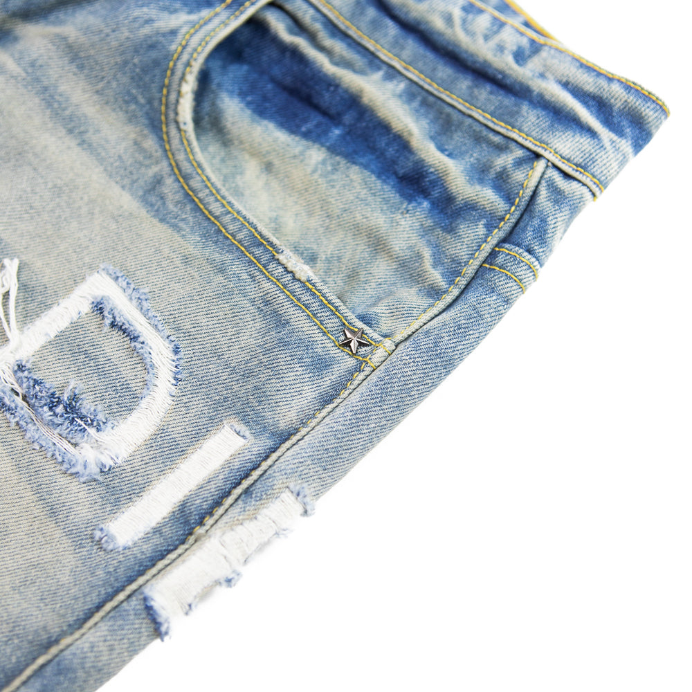 Distressed Stencil Denim (Washed Indigo)