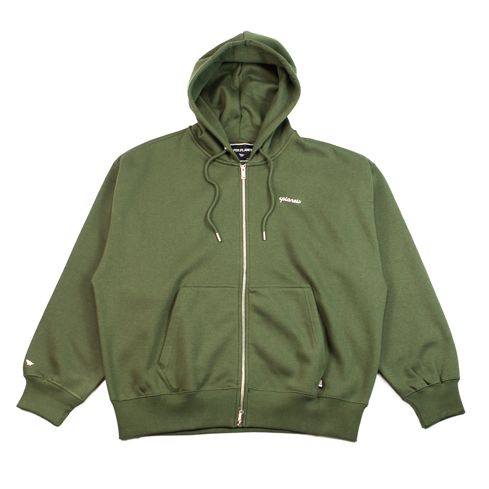 Oversized Script Weld Zip Up Hoodie (Olive)