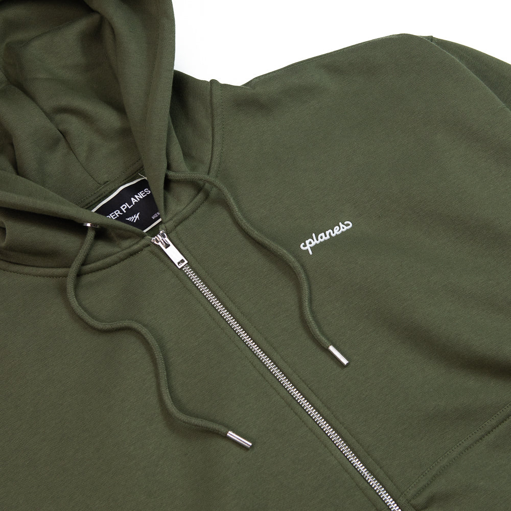 Oversized Script Weld Zip Up Hoodie (Olive)