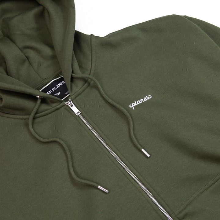 Oversized Script Weld Zip Up Hoodie (Olive)