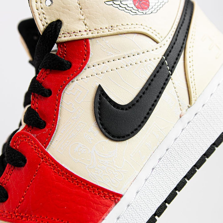 Air Jordan 1 Mid SS (GS) Muslin/Chile Red-Black-White